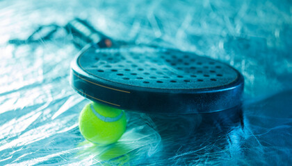 Padel ball and racket on outdoor court background perfect for use in sports tournament advertising...