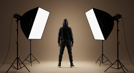 Mysterious Figure Hooded in Studio Light A Portrait of Shadow and Illumination for Modern Art.