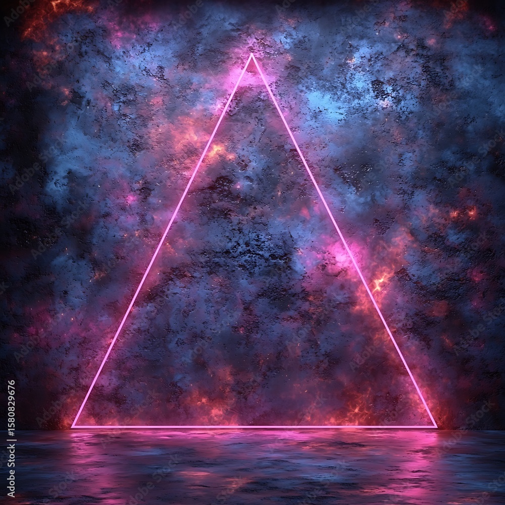 Poster neon triangle shape on colorful cosmic background for art design