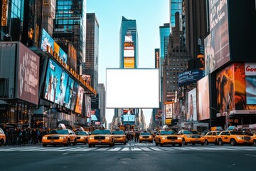 New York City Times Square with billboard mockup featuring white screen, blank display for advertising design, urban buildings and skyscraper backdrop on a lively street