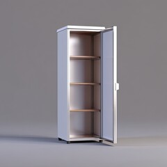 Modern Minimalist Open White Refrigerator with Empty Shelves in a Simple Interior Setting