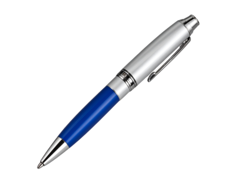 Realistic ballpoint pen with metallic clip, isolated on a transparent background
