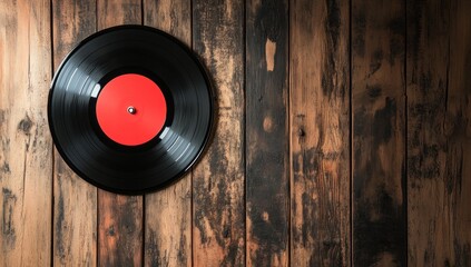 Vintage Vinyl Record with Red Label on Rustic Wood Background Texture