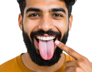  man with a beard is pointing his finger at his mouth and sticking out his tongue, i 