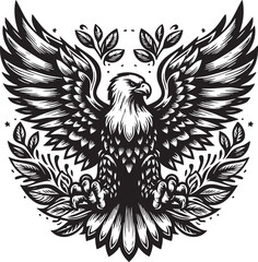 Majestic Eagle Emblem with Laurel Wreath, Black and White Vector Logo