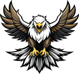 Fototapeta premium A vector cartoon illustration of a flying bald eagle mascot with outstretched wings and feathers, depicted as a head or a shield symbol