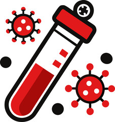 Virus sample for analysis solid icon, Medical tests concept, Plastic test tube with blood sign on white background, Test tube and virus disease cells icon in glyph style. Vector graphics. stock 