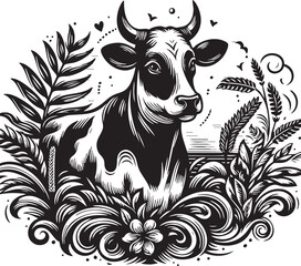 Dairy farm mascot or logo, hand-drawn cow with fantasy elements and thought bubble