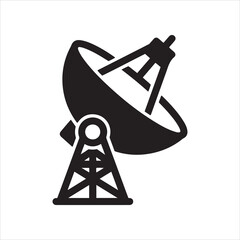 Black silhouette of a satellite dish mounted on a sturdy tower structure