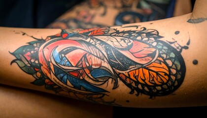 Colorful intricate tattoo design on forearm