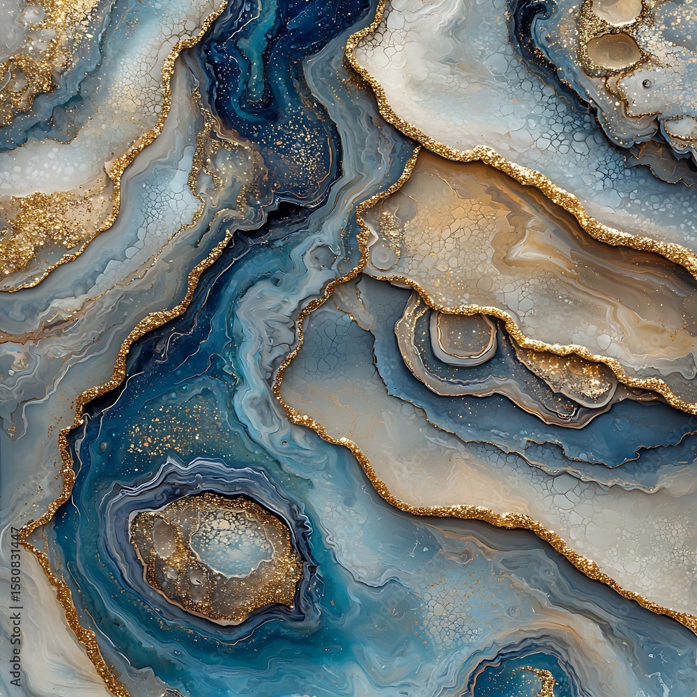 Poster abstract art with blue and gold fluid patterns for background design