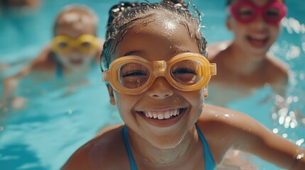 Group of children smiling in swim goggles underwater