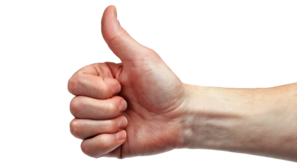 Hand giving a thumbs up gesture, white isolated background.