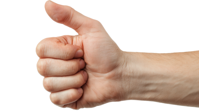 Hand showing thumbs up gesture, symbolizing approval and positivity, isolated on white background.