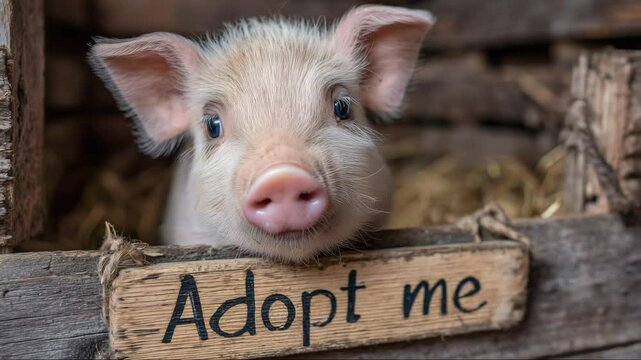 Mini pig behind small wooden sign Adopt me, shelter-style setting, hopeful look, emotional appeal