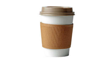Hot coffee cup with a cardboard sleeve on a white isolated background.
