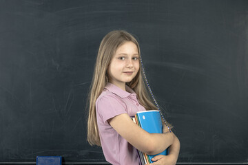 smiling schoolgirl holding notebooks in school
