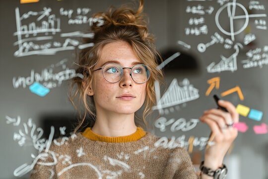 Woman in Stylish Sweater Writing Mathematical Equations and Diagrams on Glass Surface for Academic or Business Presentations
