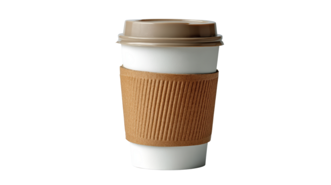 Hot coffee cup with a cardboard sleeve on a white isolated background.