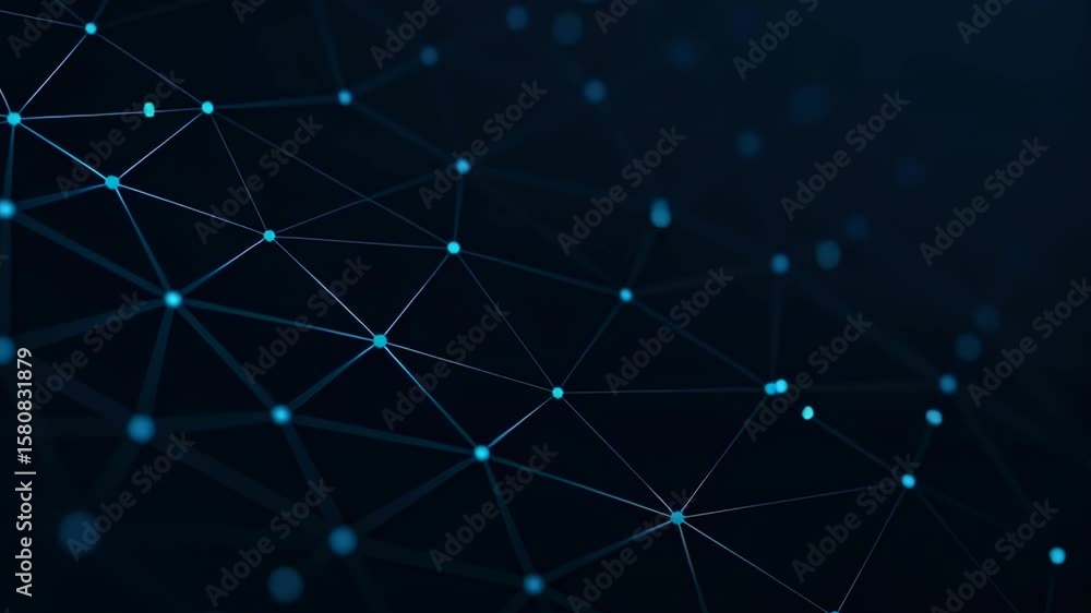 Poster abstract blue network background with geometric lines and dots connected by light effects