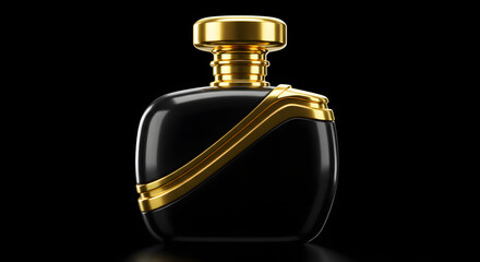 Luxury fragrance spray bottle with golden liquid on a black background