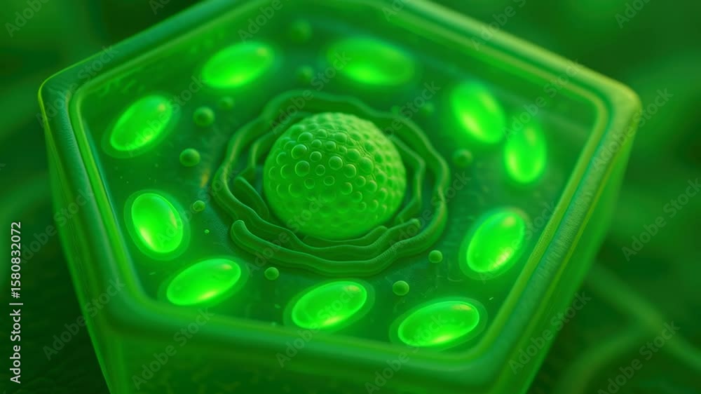 Poster close-up of green cellular structure with circular organelle and intricate details in nature