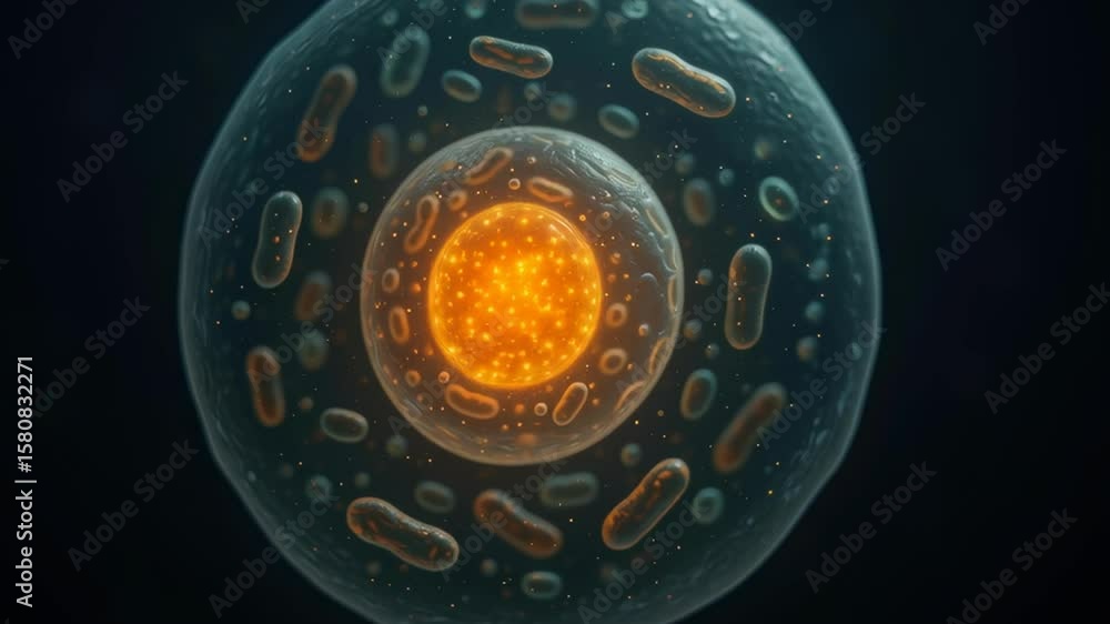 Poster close-up view of cell structure with orange nucleus and detail of cellular components