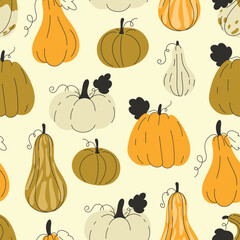 Seamless pattern featuring various cartoon-style pumpkins and gourds in shades of orange, yellow, and cream, scattered across a muted olive green background.