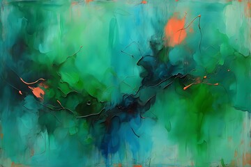 Abstract painting with vibrant green and teal hues and striking orange accents blue