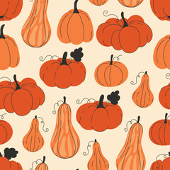 Seamless pattern featuring various cartoon-style pumpkins and gourds in shades of orange, yellow, and cream, scattered across a muted olive green background.