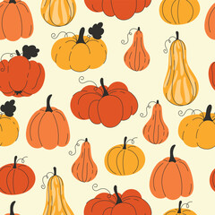 Seamless pattern featuring various cartoon-style pumpkins and gourds in shades of orange, yellow, and cream, scattered across a muted olive green background.