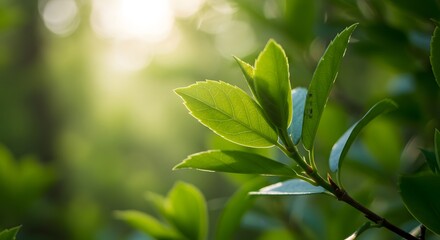 Obraz premium Fresh Green Leaves in Sunlight with Natural Bokeh Background
