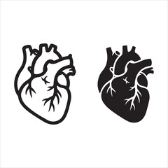 Stylized human heart representations in outline and solid black forms