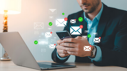 Businessman checking email notifications on smartphone with laptop nearby