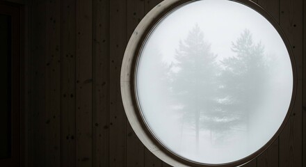 A cozy winter scene viewed through a frosted window, revealing a peaceful snowy landscape outside.