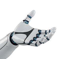 A gleaming white robotic hand with metallic blue accents extends in an open gesture against a stark black backdrop offering possibilities, transparent background