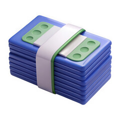 Stylized stack of blue money with green and white band isolated on transparent background	