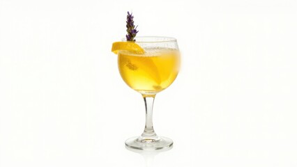 Elegant Cocktail with Lavender Garnish. A beautifully presented cocktail in a stemmed glass, featuring a vibrant yellow liquid. The drink is garnished with a sprig of lavender and lemon twists