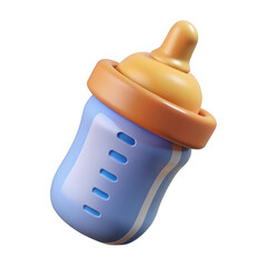 Cute blue baby bottle with orange nipple and ring isolated on transparent background