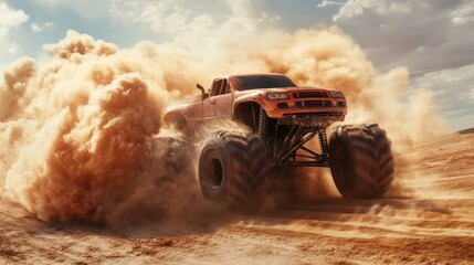 Monster Truck Kicking Up Dust While Driving in the Desert