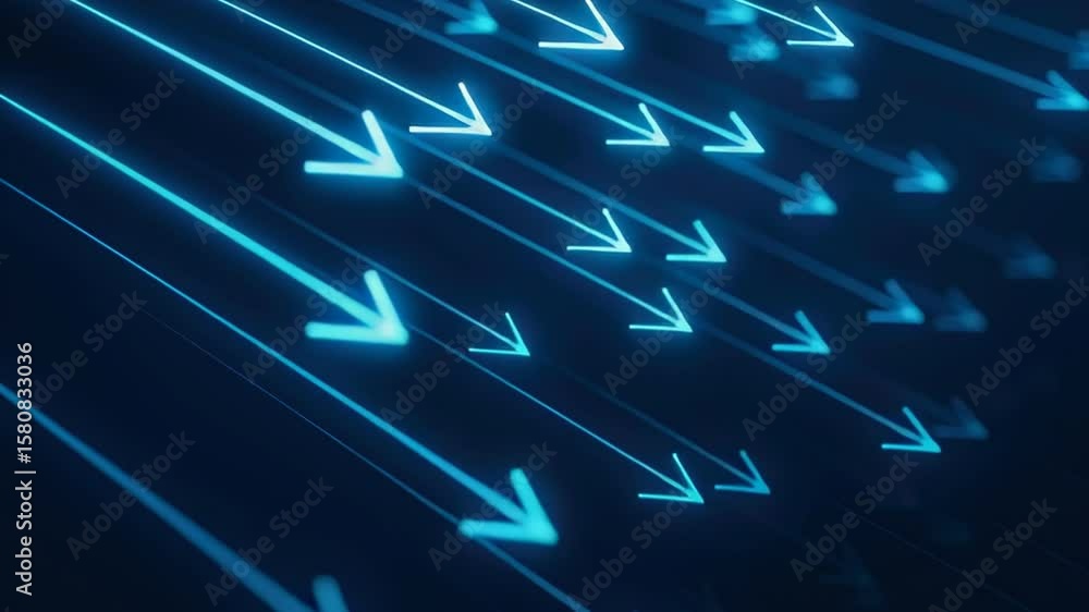 Poster blue diagonal arrows on dark background representing motion and direction in abstract design
