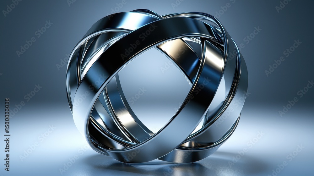 Poster abstract chrome sphere intersecting metallic bands on blue background