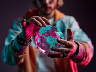 Man holding transparent globe with glowing digital map in hands, representing global technology