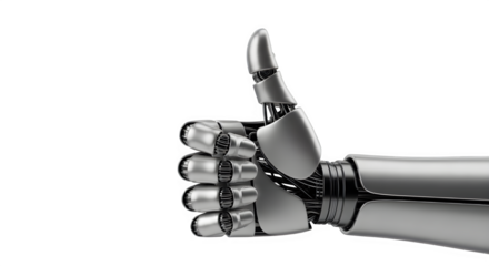 Robotic arm exhibiting a thumbs up gesture presents futuristic concepts and technological advancement on a black backdrop, ideal for digital innovation, transparent background