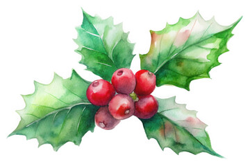Watercolor painting of a holly branch with red berries and green leaves isolated on transparent background