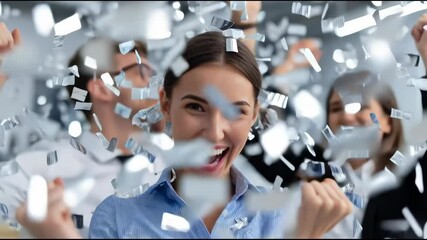 Celebration in office as team achieves major milestone with joy and confetti