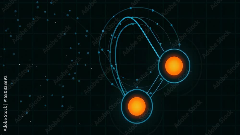 Poster visual representation of two celestial bodies in orbit with dynamic connecting lines and stars