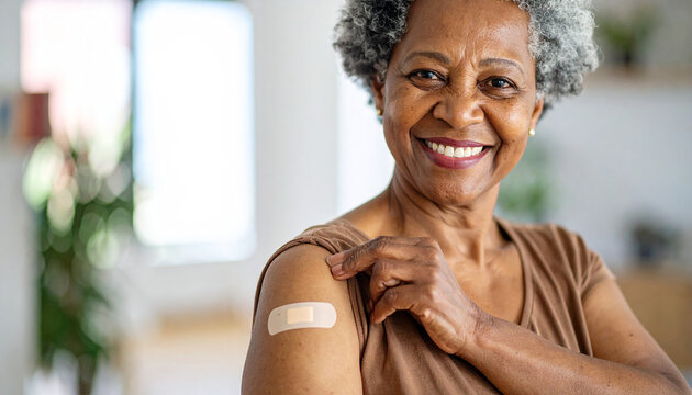 Vaccination's Radiance: An elderly woman, radiating health and serenity, showcases a bandage on her arm, symbolizing protection and well-being through vaccination.