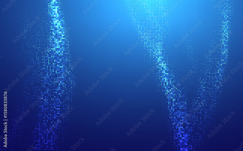 Poster blue tech fintech background with abstract pixel data and light grid network. futuristic financial v