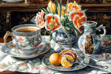 Fototapeta premium A still life in a classical style depicting a refined tea arrangement with antique porcelain and fresh flowers. 